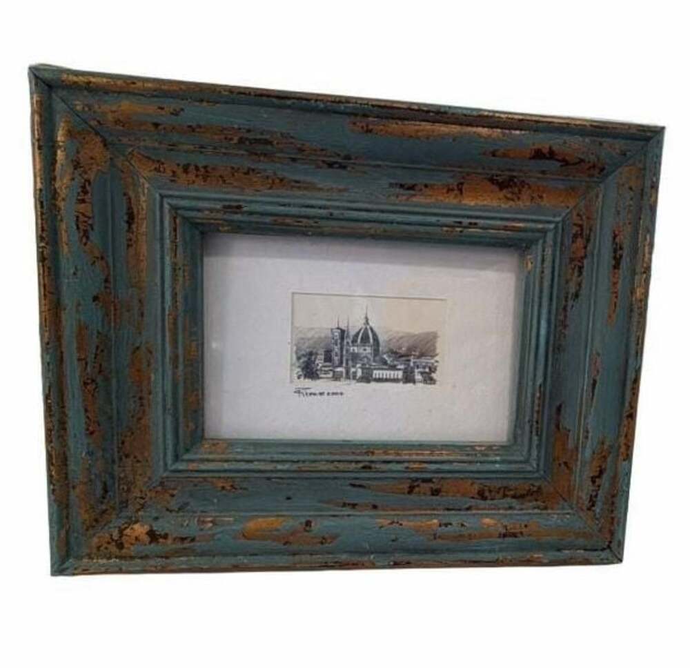 Distressed Teal/Gold Wooden Picture Frame with Firenze 2007 Pencil Sketch Art